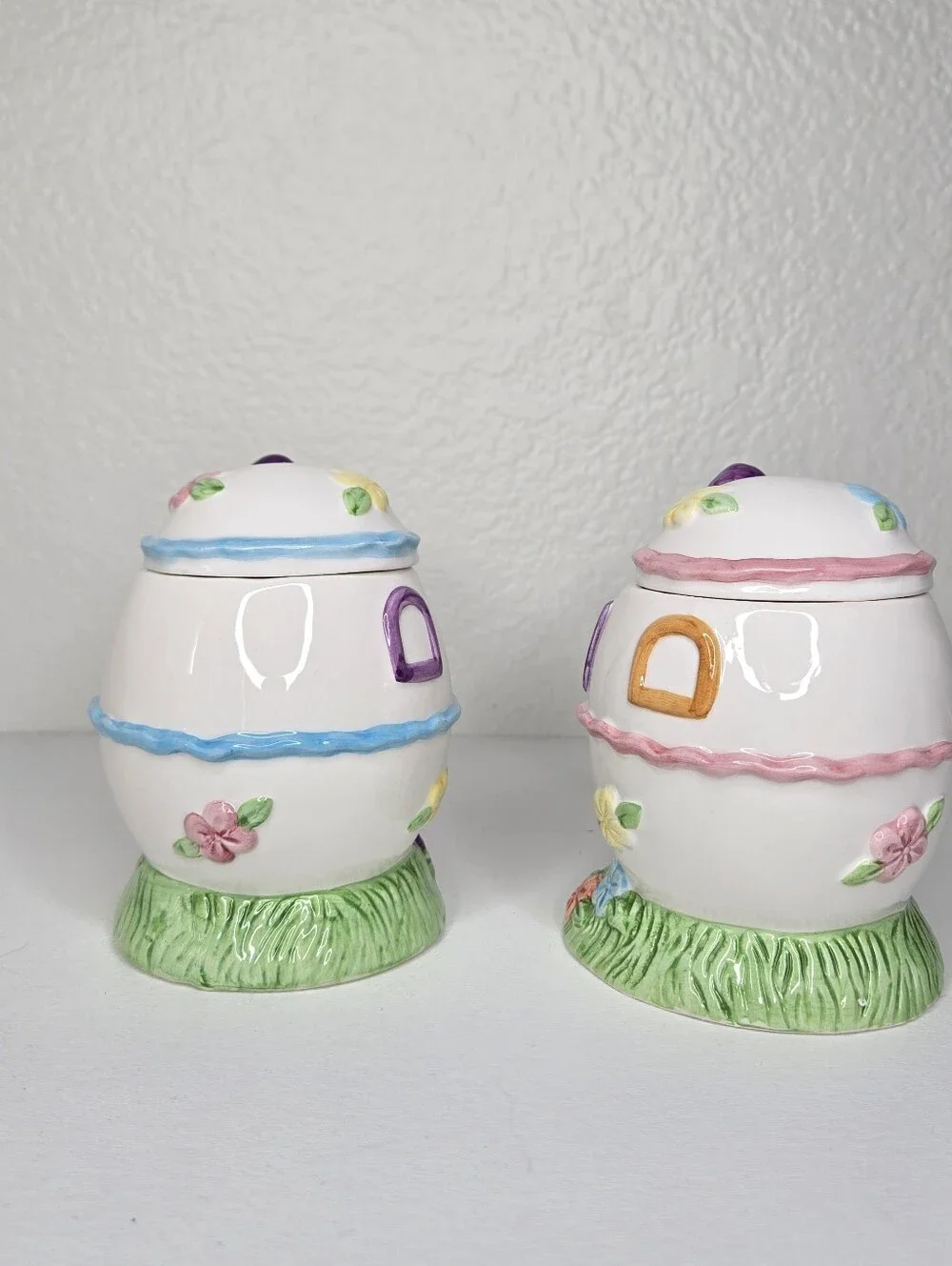 Ceramic Cottage Egg Bunny Girl and Boy Set‎ Easter Candy Jars VTG Whimsical